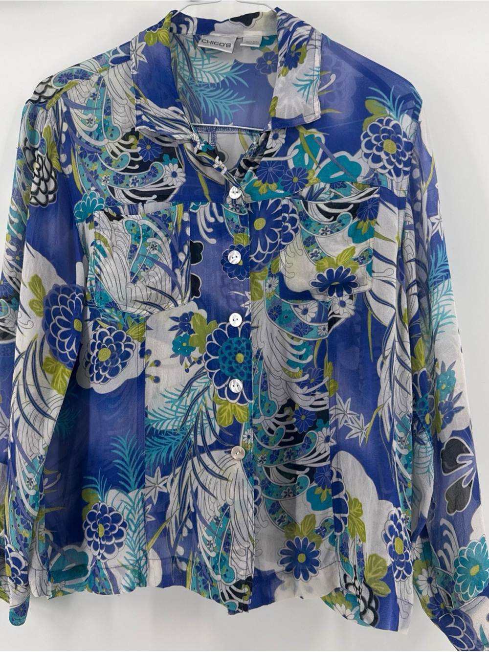 CHICO’S Vintage Silk Blouse Blue Green White Sz 2